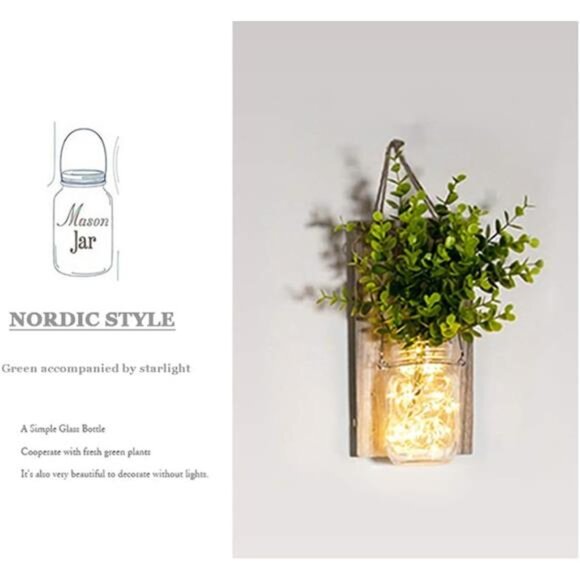 Rustic Wall Sconces, Mason Jar Sconces, Farmhouse Home Decor, LED Fairy Lights - Picture 2 of 7